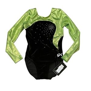 NEW Adult Small GK Leotard Long Sleeve Black Velvet Green Foil AS Gymnastics